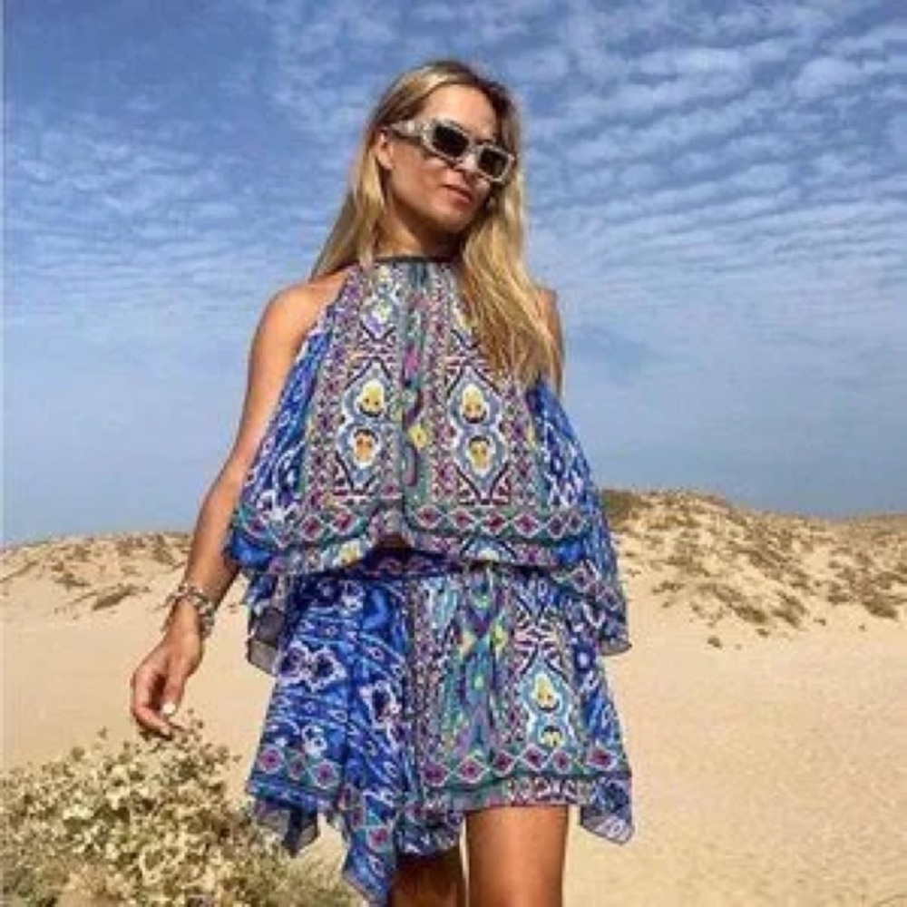NWT ZARA Printed High Waisted Skirt Boho Asymmetrical Blue Short Aztec - Size S